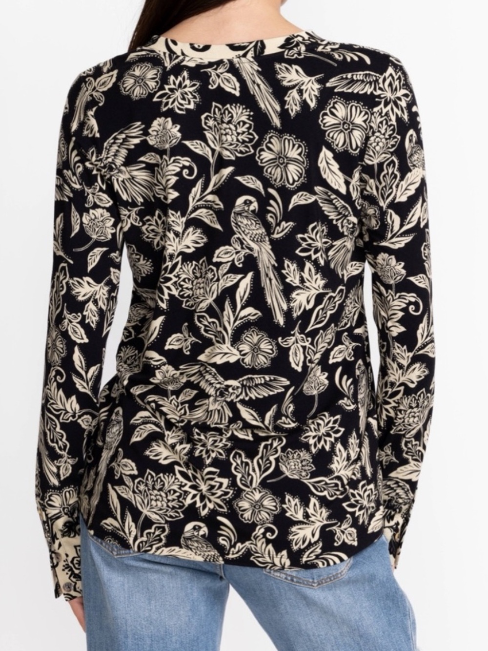 Johnny Was Noah Henley Top Floral Bird Black & Cream Women’s Medium - Picture 3 of 12